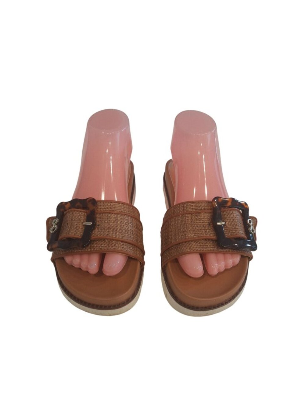 Sam & Libby Andi 2 Womens Size 6 Brown Raffia Slide Sandals Tortoise Buckle Boho